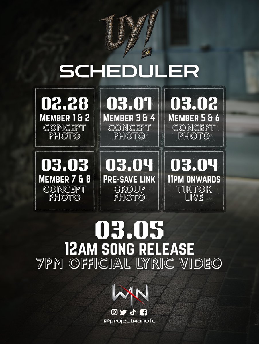 The timeline is set.
Wala nang paikot-ikot pa.

This is the official SCHEDULER for UY!
A story of injustice.
A statement of saying NO.
A journey of taking your power back.

Mark your calendars.

#ProjectWAN #WeAreNext #WAN_UY