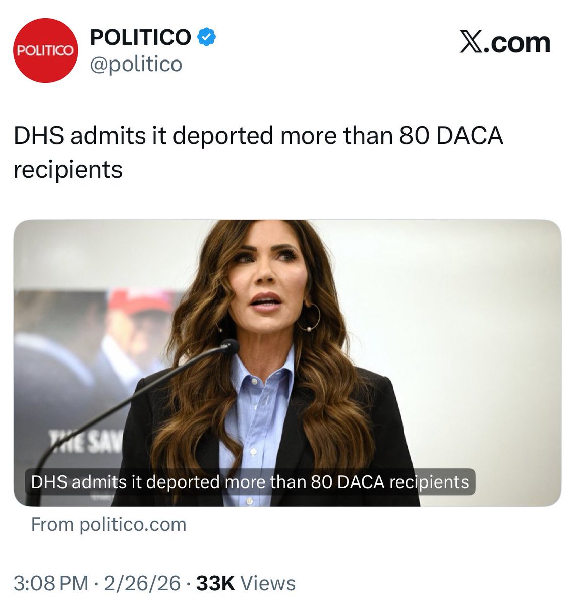 BreannaMorello's tweet photo. Politico won’t tell you—so I will.

241 of the 261 detained DACA recipients had “criminal histories.”

That’s according to DHS. https://t.co/kKG7QpFppl