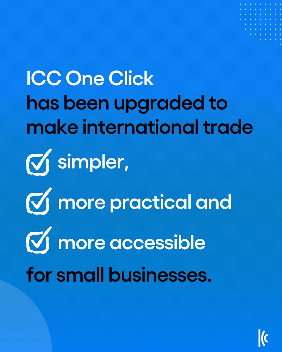 iccwbo's tweet photo. What if every step in #globaltrade was always clear? 🤔

The enhanced #ICCOneClick brings together practical tools and trusted guidance to support #SMEs as they navigate international markets.

With an AI‑powered assistant offering tailored insights and a Trade Navigator that maps out each stage of the export journey, expanding globally has never been easier.

Start exploring: https://t.co/WOqzelpzMX