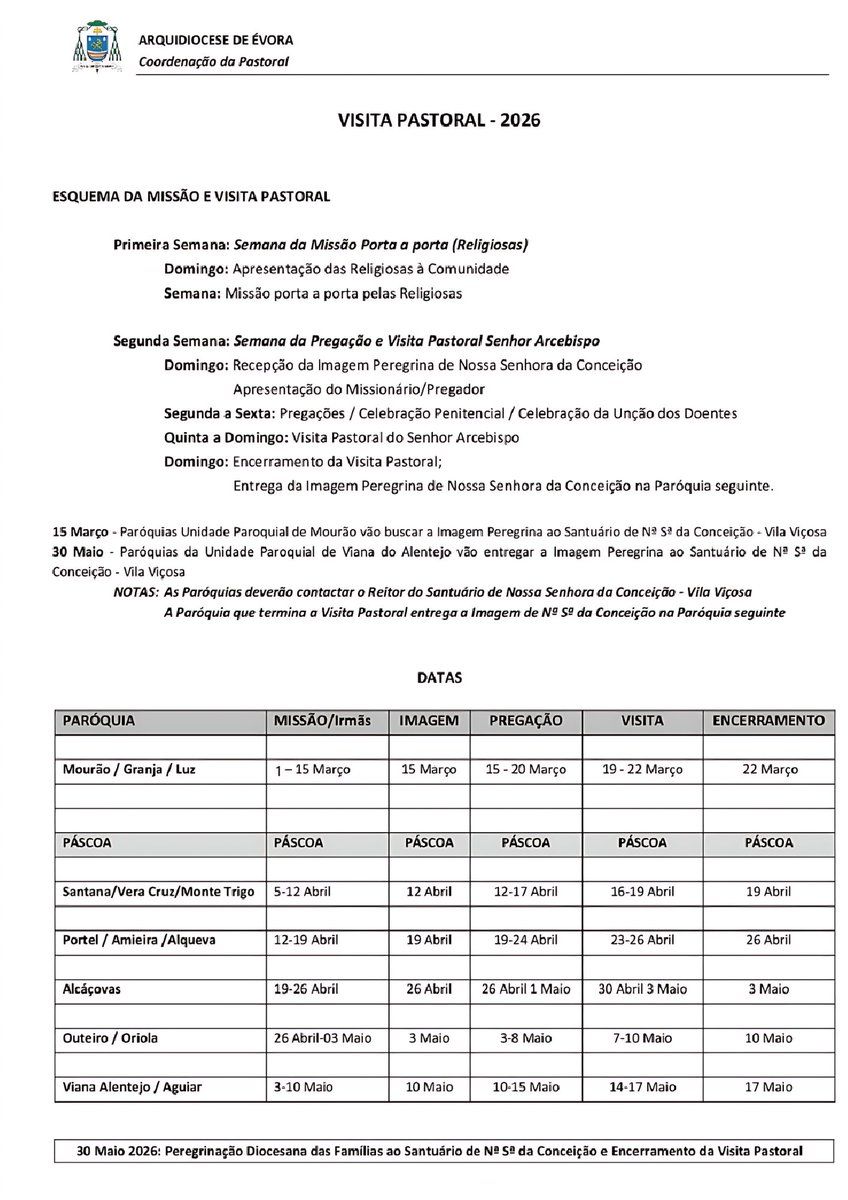 ✍️Mensagem do Arcebispo de Évora:
Visita Pastoral Missionária aos concelhos de Mourão, Portel e Viana do Alentejo
🔗Leia aqui na diocesedeevora.pt/mensagem-do-ar…
Na imagem conheça o Esquema da Missão e Visita Pastoral 2026👇
