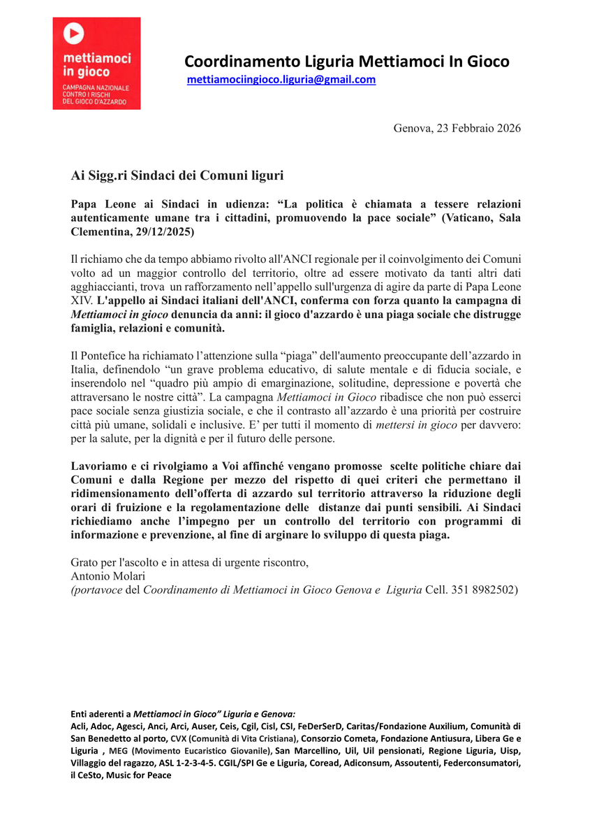 AnciLiguria's tweet image. 🎰Emergenza #azzardo: Anci Liguria sostiene l'iniziativa del Coordinamento ligure della campagna "Mettiamoci in gioco" per un intervento immediato e concreto contro la diffusione del #gioco d'azzardo sul territorio regionale
➡️anciliguria.it/newsbox/emerge…