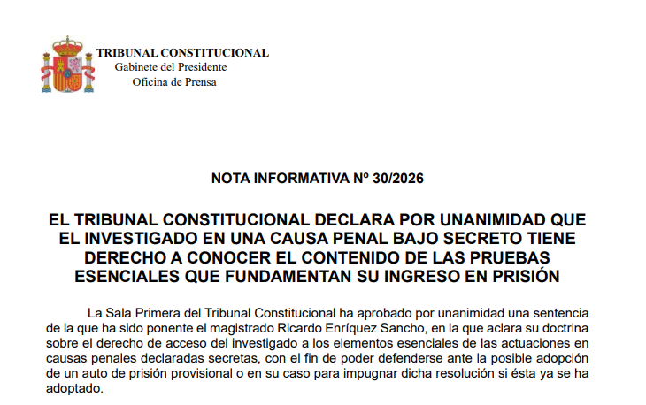 TConstitucionE's tweet photo. Nota de prensa | El Tribunal Constitucional declara por unanimidad que el investigado en una causa penal bajo secreto tiene derecho a conocer el contenido de las pruebas esenciales que fundamentan su ingreso en prisión https://t.co/ihKKfDYvPe https://t.co/ub1a2bX4Eh