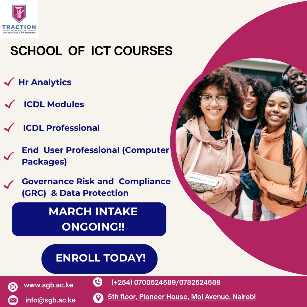 March Intake is ONGOING!!
Enroll in our ICT courses.
📲 Enroll today: sgb.ac.ke/ict-courses/
 
#ICTCourses #MarchIntake #Upskill #TractionSchool