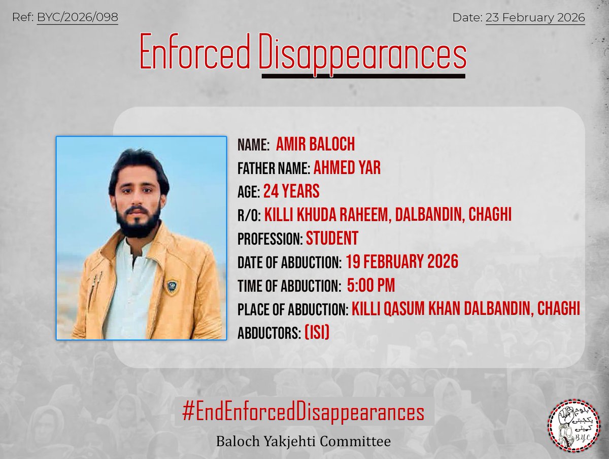 BYC_Chaghi's tweet photo. 𝗘𝗻𝗱 𝗘𝗻𝗳𝗼𝗿𝗰𝗲𝗱 𝗗𝗶𝘀𝗮𝗽𝗽𝗲𝗮𝗿𝗮𝗻𝗰𝗲𝘀!

#EndEnforcedDisappearances
#StopBalochGenocide https://t.co/L7pMHTBHwj