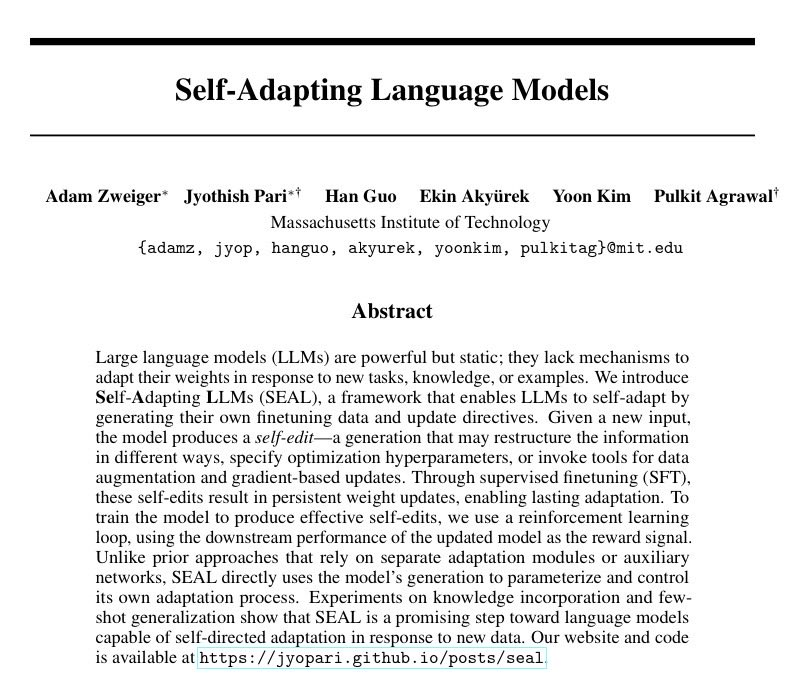 mdancho84's tweet photo. 🔥 GPT-6 may not just be smarter. 

It literally might be alive (in the computational sense).

A new research paper, SEAL: Self-Adapting Language Models (arXiv:2506.10943), describes how an AI can continuously learn after deployment, evolving its own internal representations without retraining.

Here are the details: 🧵