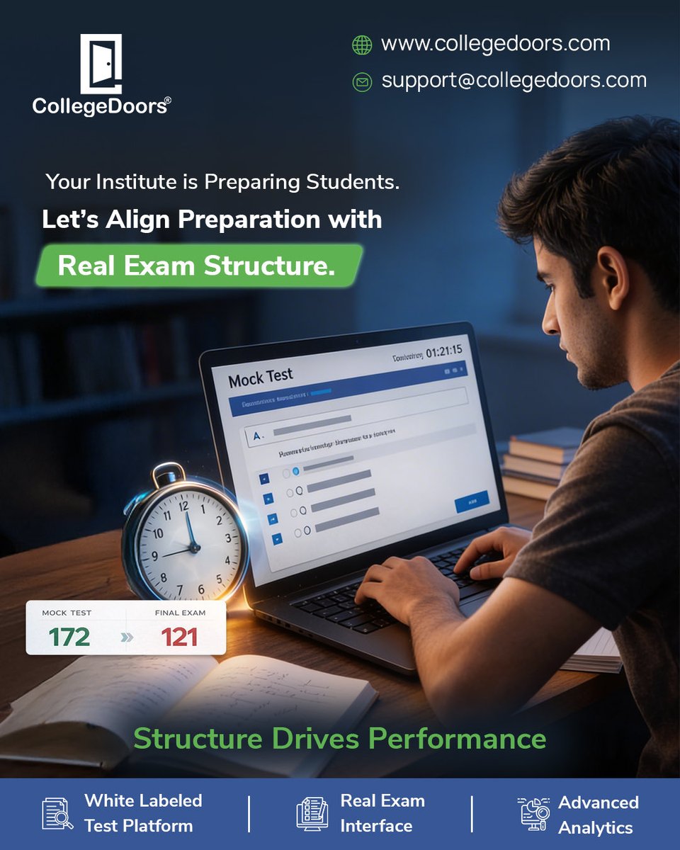 CollegeDoors's tweet photo. Align your tests with the real exam structure and give students the experience that truly impacts performance.
CollegeDoors - White Labeled Test Platform, Real Exam Interface & Advanced Analytics.
#whitelabelsolutions #coachinginstitute #JEE #NEET #MHTCET #testpapers https://t.co/GQ79klHape