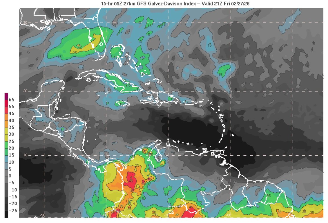 Se prevé otra jornada seca estacional en Venezuela, bajo persistente configuración hostil a la convección profunda en la columna troposférica. Chubascos breves y aislados por ascenso orográfico en el sur, Andes y Cordillera de la Costa y por PVA modulado por CLLJ en occidente.