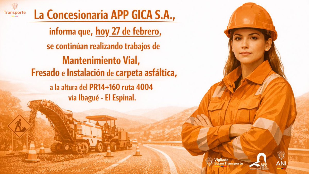 APPGICA's tweet photo. Concesionaria APP GICA S.A., informa que, el día de hoy 27 de febrero de 2026, se continúan realizando trabajos de Mantenimiento Vial, fresado e instalación de la carpeta asfáltica, en la ruta 4004, a la altura del PR14+160. https://t.co/rHKGSd0VgB