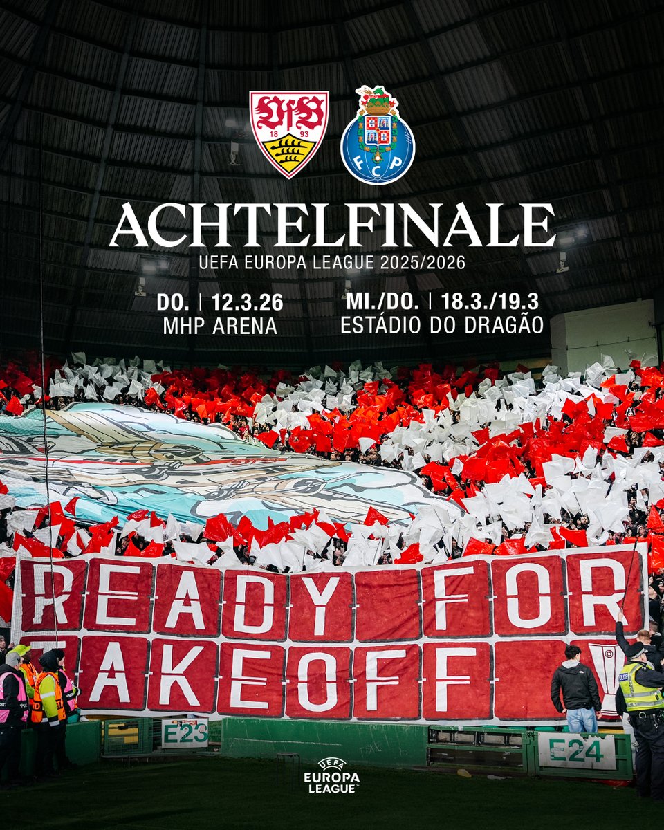 Der FC Porto ist unser Gegner im Achtelfinale der UEFA Europa League. Das hat die Auslosung in Nyon ergeben.

Das Hinspiel findet am Donnerstag, 12. März 2026, in Stuttgart statt. Das Rückspiel steigt am 18./19. März in Porto.

#VfB | #VfB1893 | #StuttgartInternational | #UELDraw