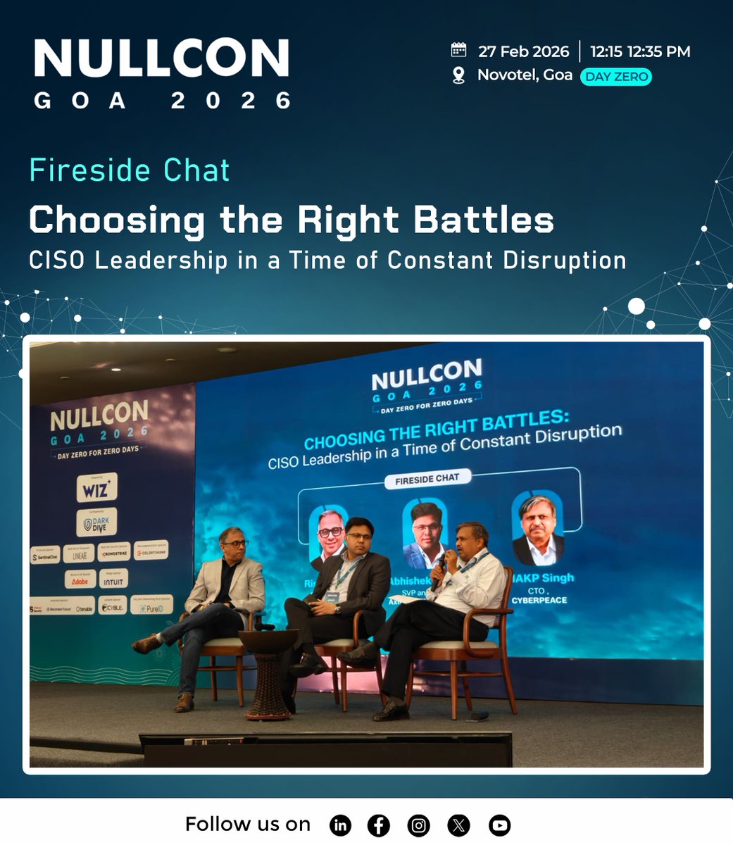 cyberpeacengo's tweet image. #CyberPeace☮️ at #NullconGoa2026

At @nullcon Goa 2026, Mr. MAKP Singh, CTO, CyberPeace, joined a fireside chat titled “Choosing the Right Battles: CISO Leadership in a Time of Constant Disruption,” exploring the evolving role of #CyberSecurity leadership in today’s fast-changing