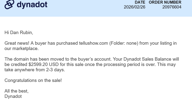 Just sold TellUsHow.com for $2,988 on Dynadot.com.  Hold time 12 years!  I recently added many domains to their marketplace and had a few sales!  namebrowse.com/jdnewsletter/d… #Domains #afternic #sidehustle #godaddy #Crypto #domainssold #Blockchain #Bitcoin