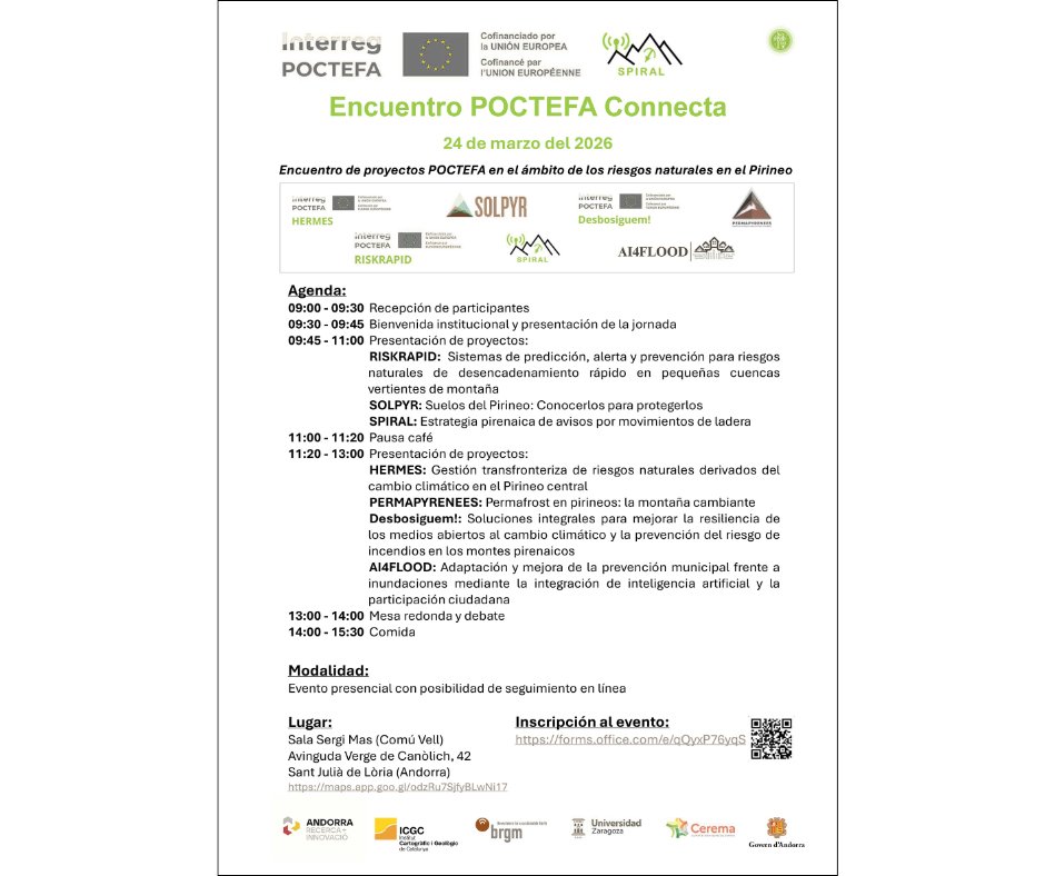 El próximo 24 de marzo tendrá lugar en Sant Julià de Lòria (Andorra), el “Encuentro POTECFA Connecta” en el que, entre otros, participará el proyecto AI4FLOOD.

Más información sobre el proyecto 👉 ai4flood.com
Enlace de inscripción al evento👉 forms.office.com/e/qQyxP76yqS