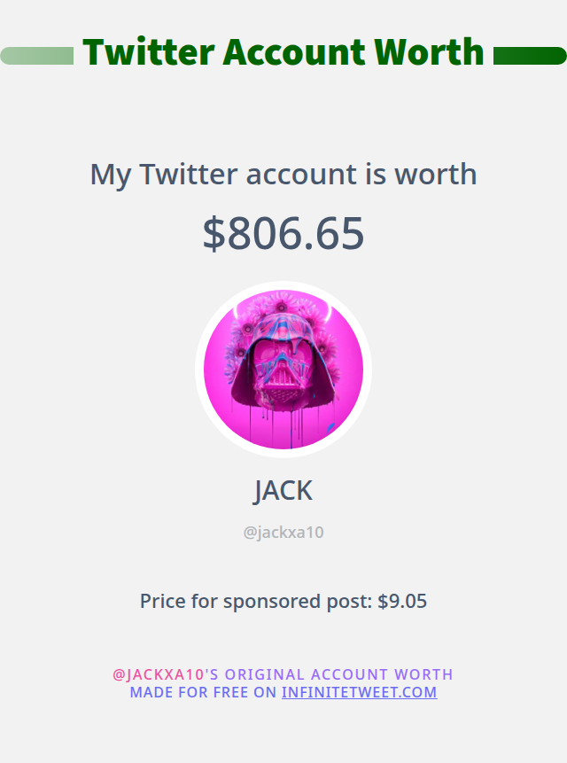 jackxa10's tweet photo. My Twitter worth is: $806.65

➡️ https://t.co/x5tJr9lUet https://t.co/tDbtcULpsI