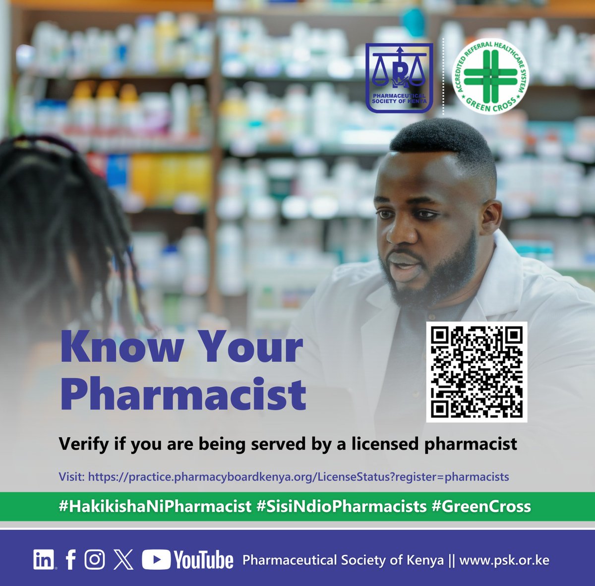 _Nana_Kc's tweet photo. Pharmacist title is earned, it is regulated and carries accountability. 
The pharmacist is licensed by PPB and has a legal responsibility for your medication safety. Not everyone behind the counter does.
Know Your Pharmacist!

#HakikishaNiPharmacist 
#GreenCross 

@PSofKenya @ppbkenya