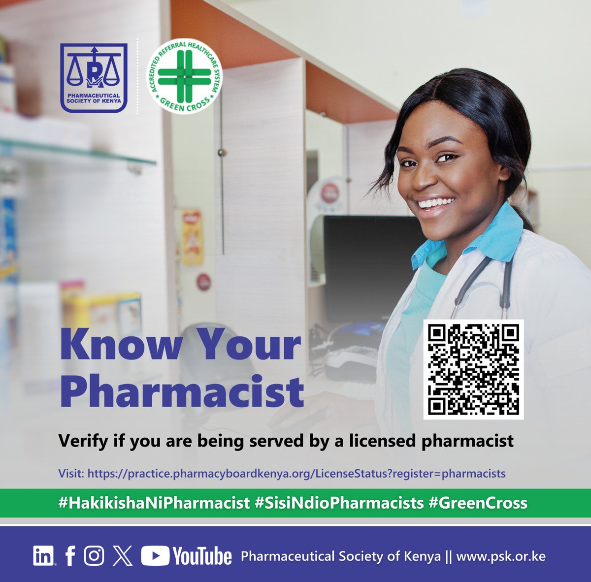 _Nana_Kc's tweet photo. Pharmacist title is earned, it is regulated and carries accountability. 
The pharmacist is licensed by PPB and has a legal responsibility for your medication safety. Not everyone behind the counter does.
Know Your Pharmacist!

#HakikishaNiPharmacist 
#GreenCross 

@PSofKenya @ppbkenya