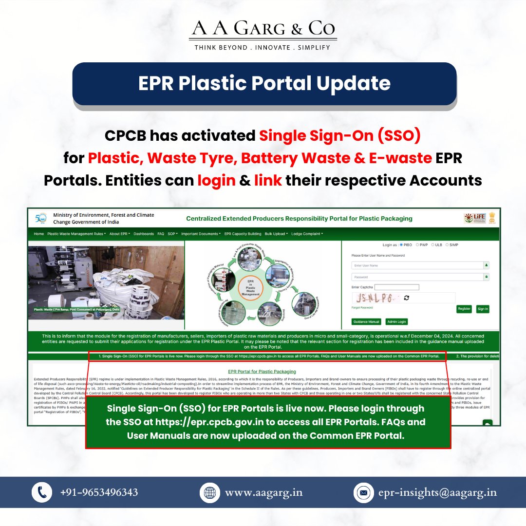 AAGargCo's tweet photo. 🔔 CPCB Update | Common EPR SSO Live

Single Sign-On (SSO) is now active for Plastic, Battery, Tyre &amp; E-Waste EPR Portals.
Log in &amp; link via 👉 https://t.co/UUz2tOmQGp

FAQs &amp; User Manuals now available on the Common EPR Portal.

#EPR #CPCB #Compliance #WasteManagement https://t.co/VdqfYe4HXP
