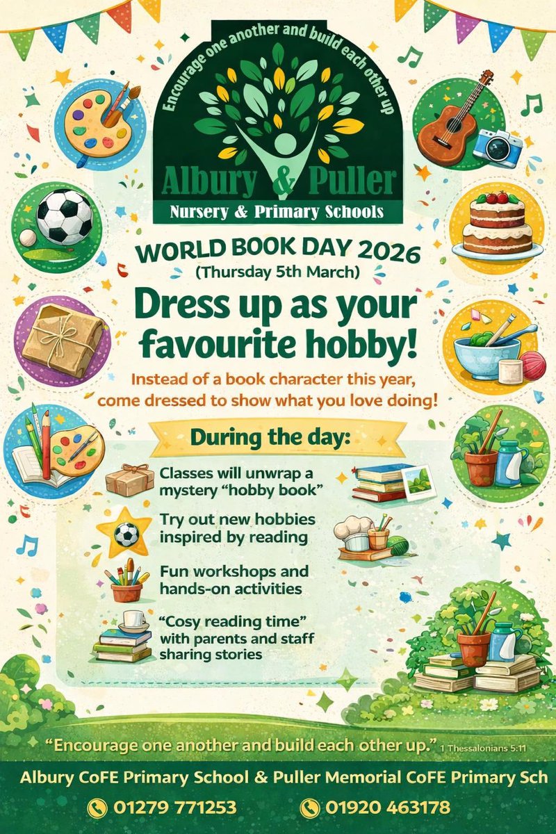 🌟 World Book Day 2026 is coming! This year we’re celebrating by dressing up as ourfavourite hobbies 🎨⚽🎸
We can’t wait to explore new hobbies, unwrap mystery “hobby books,” and enjoy some cosy reading time together! 📚💚
#WorldBookDay #AlburyAndPuller #PrimarySchoolFun
