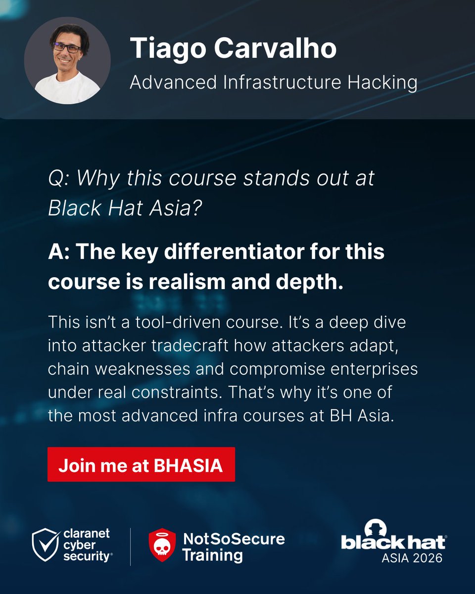 Claranet_Sec's tweet photo. Want to know what makes this course stand out at Black Hat Asia? 👇
Listen to what our trainer says about our Advanced Infrastructure Hacking course.
Register here:- https://t.co/LQFXGgIIXz
#CyberSecurityTraining #RedTeam #SecurityLearning #NotSoSecure https://t.co/tuIbchB8LD