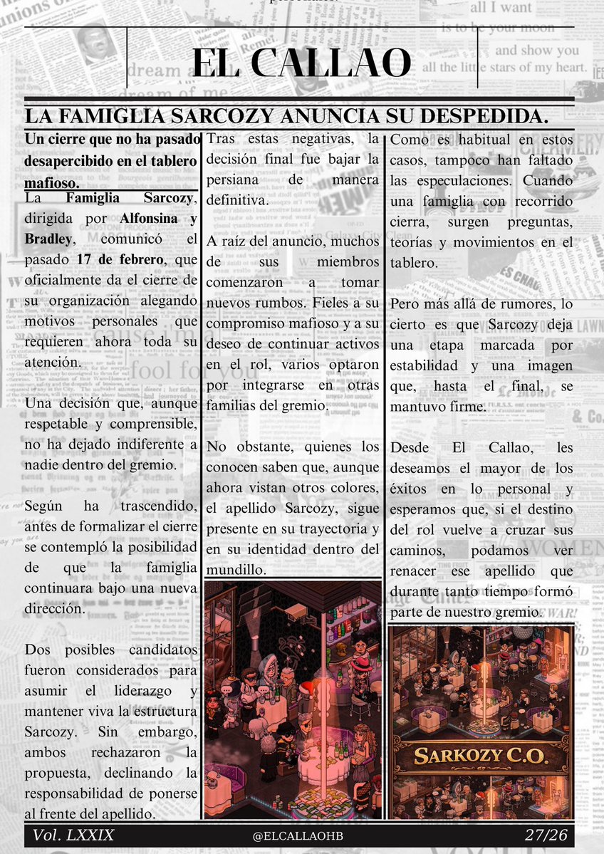 ⚫️ Septuagésima novena Edición.

Vol.79. Nueva apertura en el Bronx: 
Bella’s Flower Shop.

🔴 Florence Prime Meat Market.

🟠Cheap Times: La noche toma chocado bajo el sello Alcapone.

🟡La Famiglia Sarkozy anuncia su despedida.