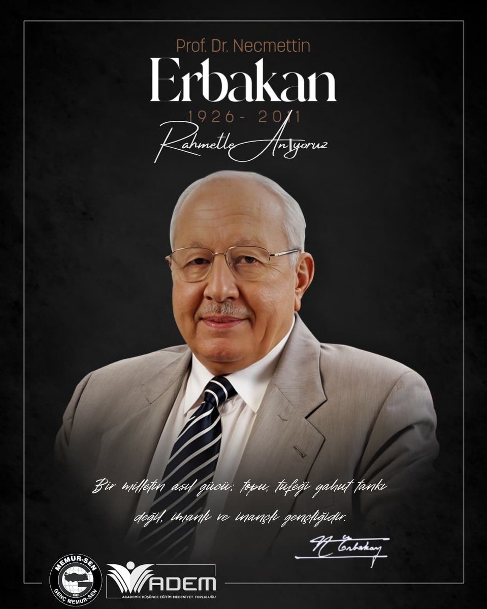 gencmemursen's tweet photo. Milletimizin hafızasında derin izler bırakan, duruşu ve mücadelesiyle bir nesle istikamet çizen Merhum Prof. Dr. Necmettin Erbakan’ı vefatının yıl dönümünde saygı, rahmet ve dualarla anıyoruz.

Hayatını inandığı değerler uğruna adadı.
Milli iradeyi savundu.
Yerli ve bağımsız Türkiye idealini kararlılıkla dile getirdi. 

Mekânı cennet, hatırası daim olsun.