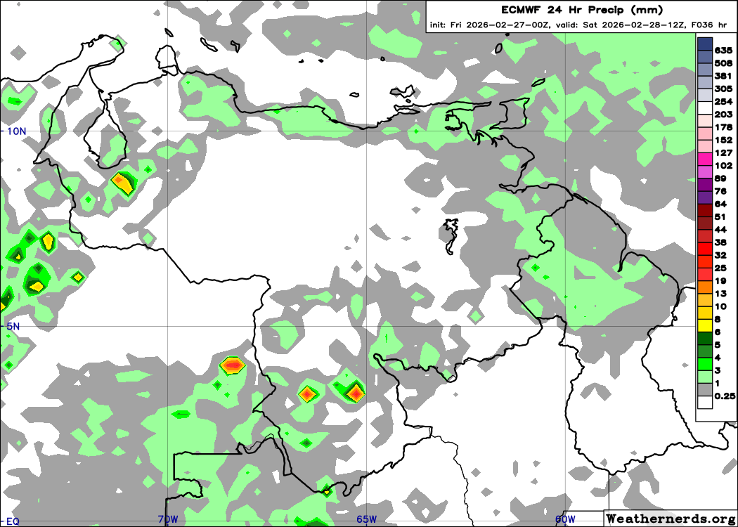 Venezuela, precipitación acumulada en 24 hrs, terminado a 08:00 HLV del 28FEB26, según GFS, ICON, GEM y ECMWF. Previsión de conjuntos GFS y ECMWF, precipitaciones más probables en el sur de Amazonas y Mérida. En el resto del país no se esperan precipitaciones o serán anecdóticas.