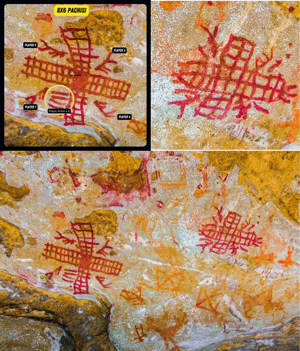 GemsOfINDOLOGY's tweet photo. Bhimbetka. Long before “board games” had boards. ~4500 years ago.

This is Pachisi—etched and painted directly onto living rock.
Not decorative. Functional. Played.

At Bhimbetka, the game board isn’t imagined.
It’s measured.
8×6.
Elsewhere, 3×4.

Rule variations existed thousands of years ago—before printing, before standardisation, before the 250th generation.

Top left: a four-player match frozen in time.
A throw has just happened.
The dice shows 4.
Someone’s turn mattered enough to record it on stone.

This isn’t pastime.
This is probability, counting, strategy, social play.
Encoded in ochre and patience.

Civilisations that “couldn’t think abstractly” were literally gaming with maths on cave walls. 🎲🪨

Timeless passion.
Timeless minds.