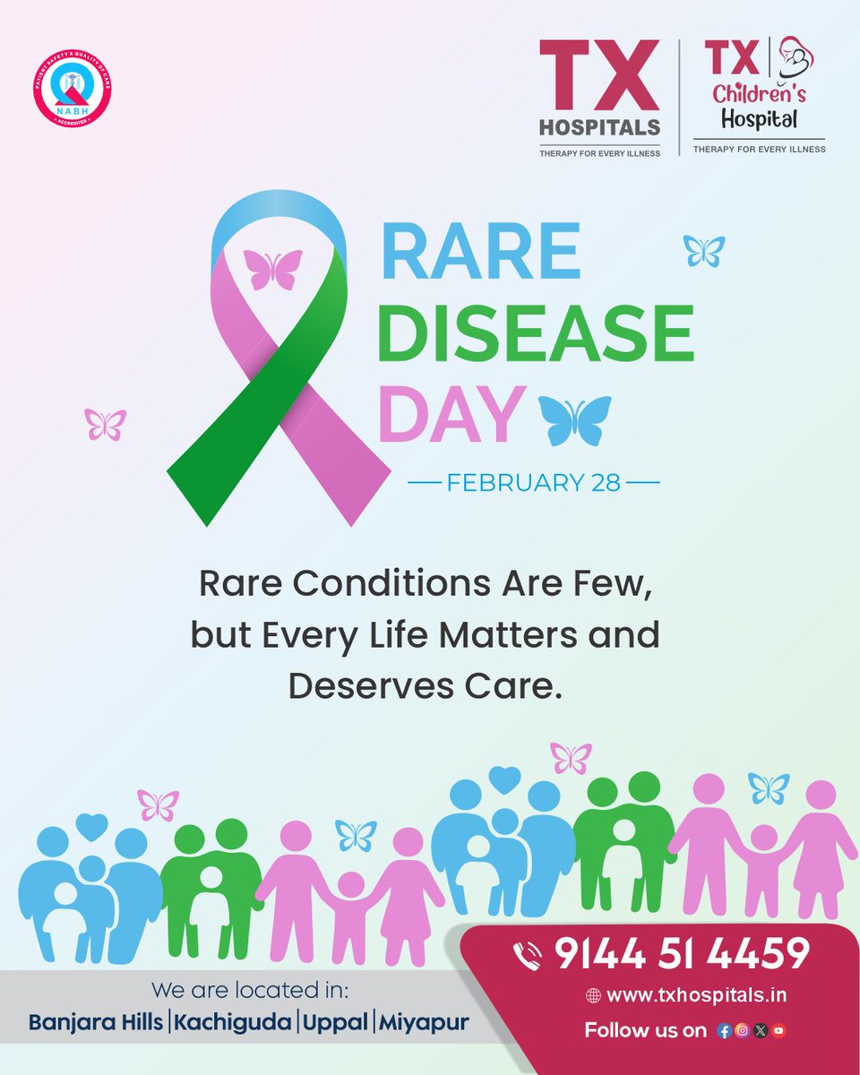txhospitals's tweet image. Rare Disease Day – February 28 🎗️

Rare conditions may affect a few, but every life matters and deserves timely diagnosis, support, and compassionate care. 

📞 9144 51 4459
📍 Banjara Hills | Kachiguda | Uppal | Miyapur
#RareDiseaseDay #EveryLifeMatters #HealthcareForAll