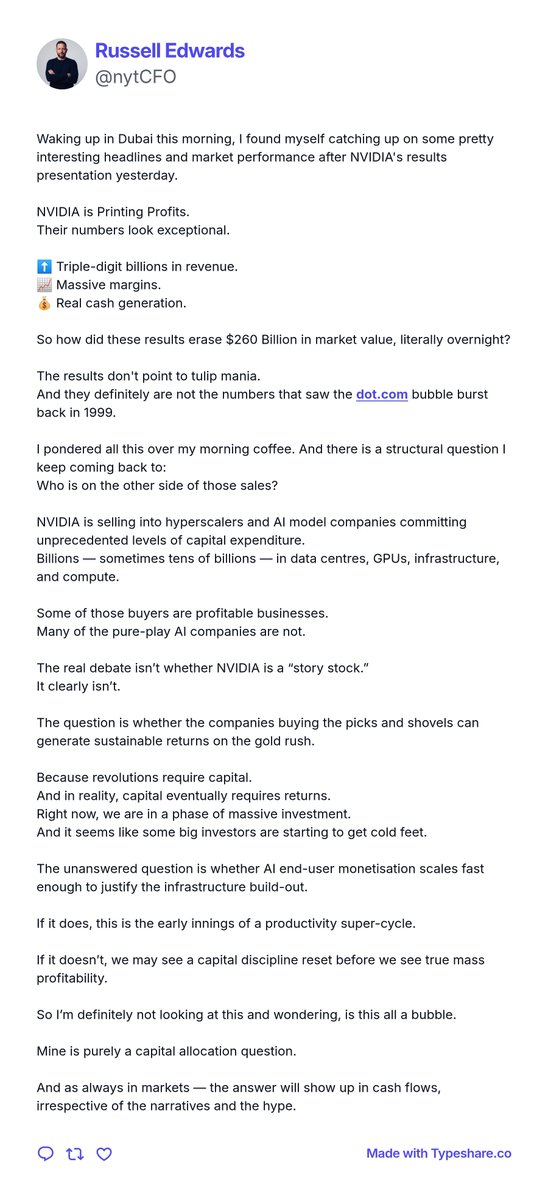 NYTypicalCFO's tweet photo. NVIDIA is massively profitable.

That’s not the debate.

The real question is whether the companies buying $100bn+ of AI infrastructure can earn returns above their cost of capital.

This isn’t a bubble call.

It’s a capital allocation question.

Cash flows will decide. https://t.co/TkdRoTGbWg