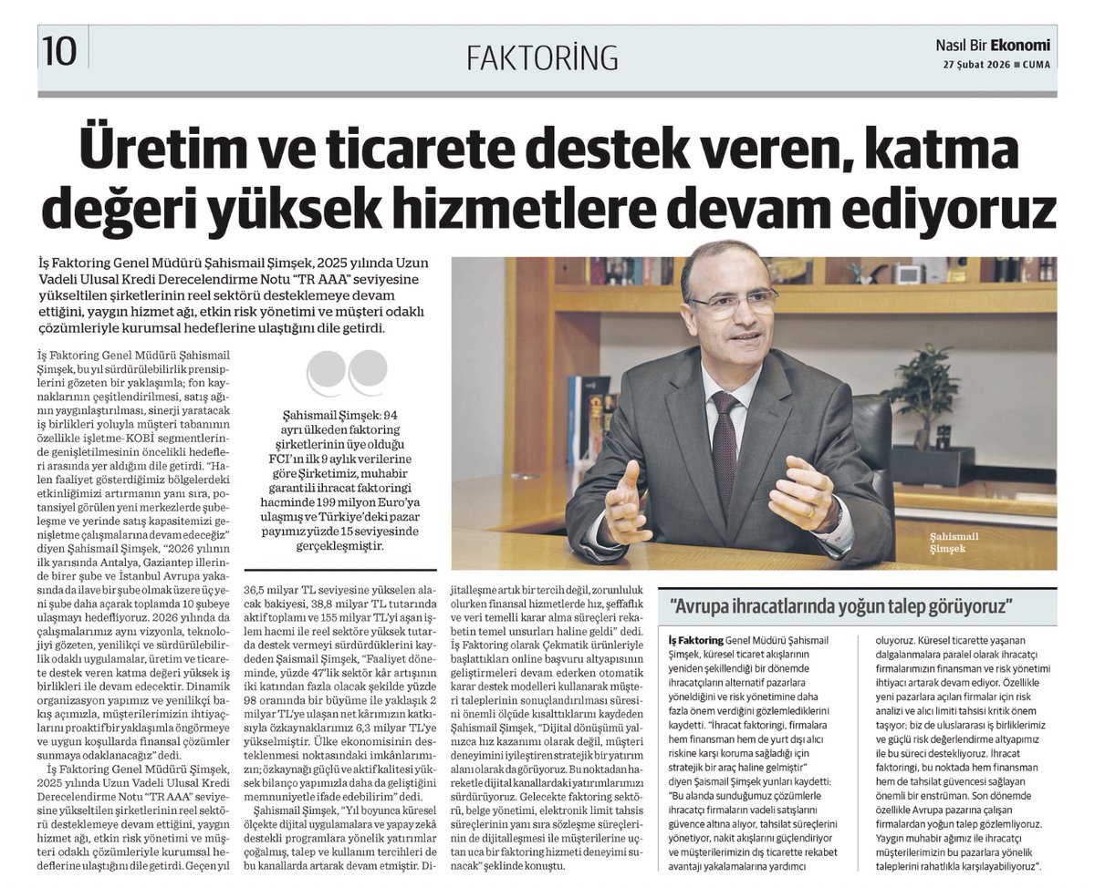 isfaktoring's tweet photo. Genel Müdürümüz Sayın Şahismail Şimşek Nasıl Bir Ekonomi Gazetesi'nin Şubat ayı "Faktoring Dosyası'nda" mesajlarını paylaştı.

"Üretim ve ticarete destek veren, katma değeri yüksek hizmetlere devam ediyoruz."
.
.
.
Daha fazla bilgi için web sitemizi ziyaret edebilirsiniz. https://t.co/Nmcg6X2EDh