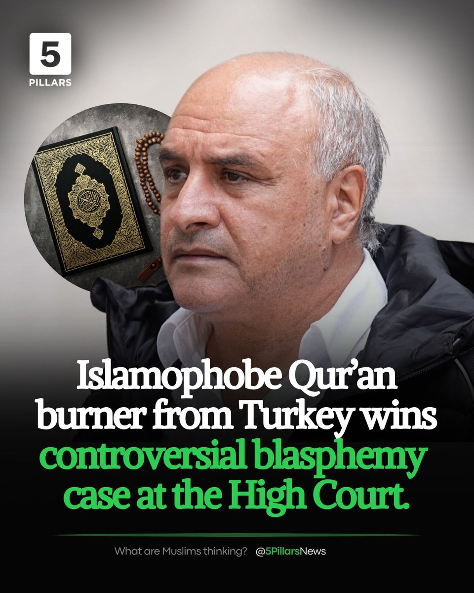 5Pillarsuk's tweet photo. Hamit Coskun, 51, an atheist Islamophobe from Turkey, has won a blasphemy case at the High Court overturning his conviction for burning the holy Qur’an outside the Turkish consulate in London last year.
Coskun was originally convicted of religiously aggravated public order for the act, during which he shouted: “F*** Islam” and “Islam is a religion of terrorism”.
Coskun has now successfully appealed the decision by the Crown Prosecution Service (CPS) after he insists it was a political protest.
The Free Speech Union labelled it a “humiliating defeat” to CPS and called for Stephen Parkinson, the director of public prosecutions, to resign.