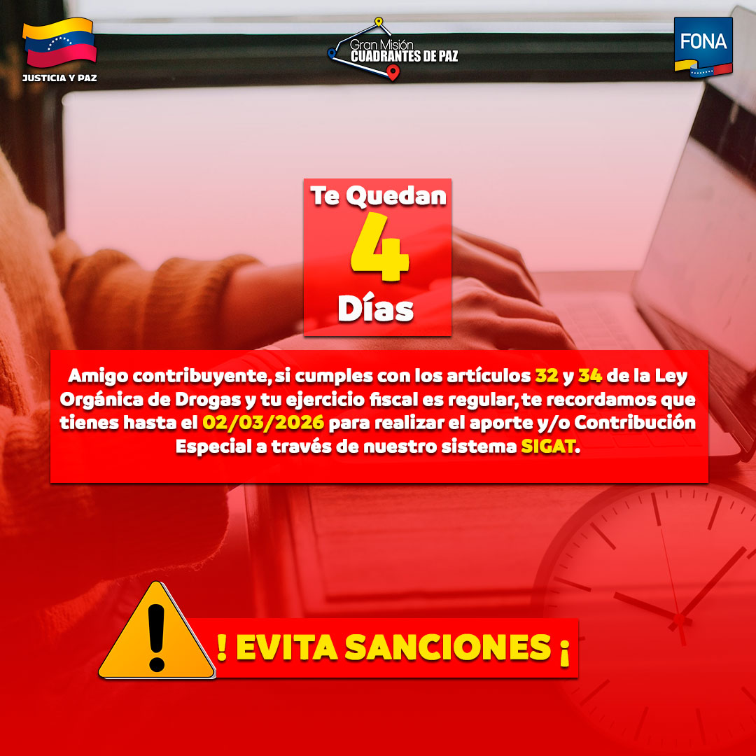 Amigo contribuyente, si cumples con los artículos 32 y 34 de la Ley Orgánica de Drogas y tu ejercicio fiscal es regular, te recordamos que tienes hasta el 02/03/2026 para realizar el aporte y/o Contribución Especial a través de nuestro sistema #SIGAT

#SembradoValoresParaLaVida