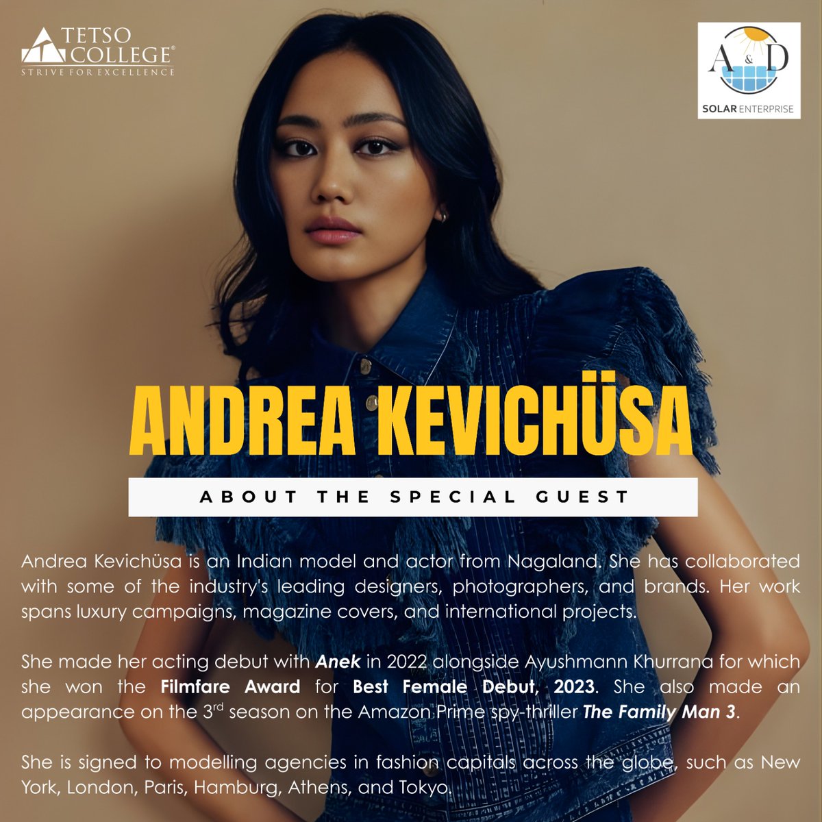 We are beyond excited to announce that Indian model and award-winning actor Andrea Kevichüsa will be joining us as Special Guest for the Inaugural Programme. She will also be inaugurating our new Miyazaki Narrative Lab (Video, Multimedia &amp; E-Content Studio). <a href="/AndreaKevichusa/">Andrea Kevichusa</a>