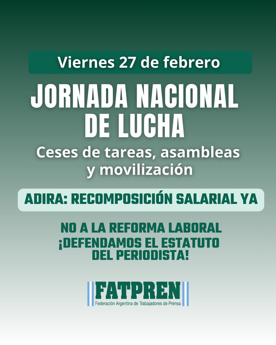 spneuquen's tweet photo. #Neuquén Paramos y nos movilizamos hoy en contra de la #ReformaLaboral y la derogación del #EstatutoDelPeriodista
#LucharGarpa
11hrs concentramos en plazoleta José Luis Cabezas para marchar
Trabajadoras /es de #PrensaEnLucha https://t.co/UiKaA1PJL7