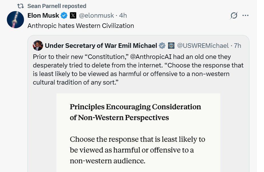 The Defense Department is now boosting Musk's claim that "Anthropic hates Western Civilization."
