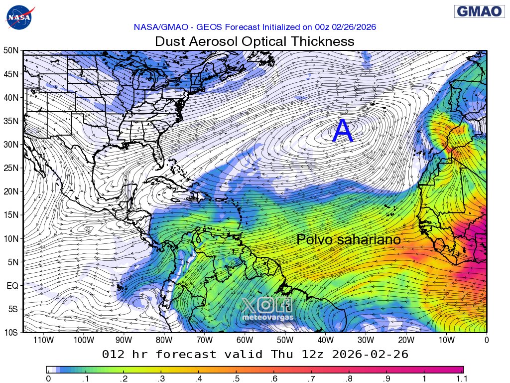 #27Feb Imagen del modelo que muestra la extensa capa de polvo del Sahara que se desplaza sobre el Atlántico tropical, el norte de Suramérica y parte del Caribe. En nuestra zona persistirá al menos hasta el próximo martes. Para hoy, este polvillo sigue propiciando en Venezuela