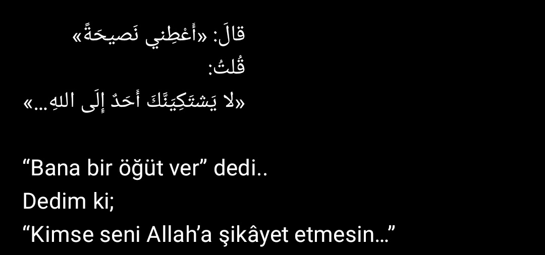 “Bana bir öğüt ver” dedi..
Dedim ki;
“Kimse seni Allah'a şikâyet etmesin”..

    ••alıntı••