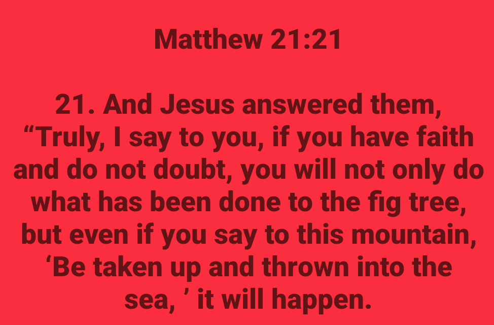 schmidt2200's tweet photo. Matthew 21:21

21. And Jesus answered them, “Truly, I say to you, if you have faith and do not doubt, you will not only do what has been done to the fig tree, but even if you say to this mountain, ‘Be taken up and thrown into the sea, ’ it will happen. https://t.co/m3dwIUcRCn