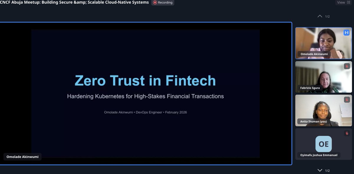 CNCFAbuja's tweet photo. Recap from today's meetup 
Thanks to @Fabrizio Sgura for sharing  will be sharing his path to becoming a golden KubeStronaut and @MollyLadson  for her talk on implementing Zero Trust principles, and operating cloud-native systems where reliability and security are non-negotiable https://t.co/fLP7i7Ytuy