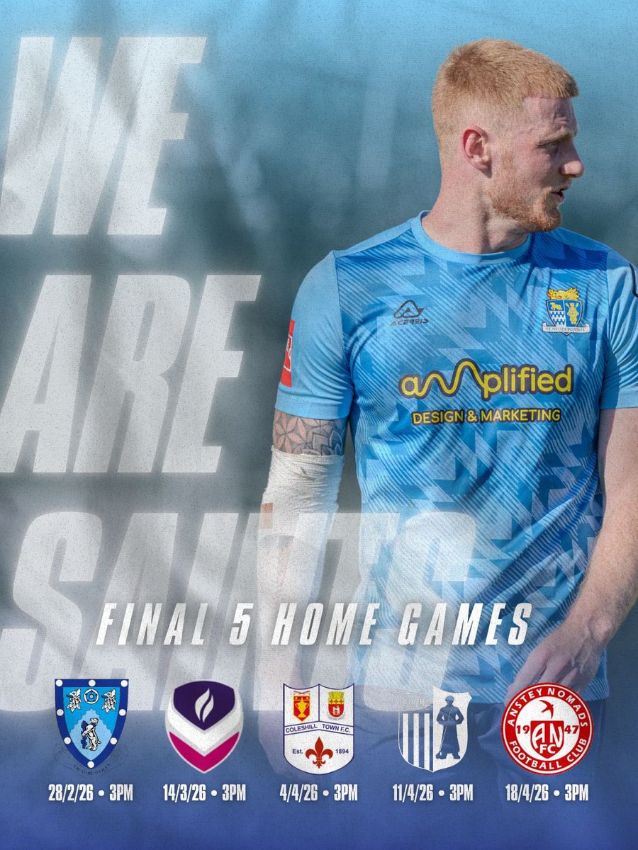 StNeotsTownFC's tweet photo. The Final five on home turf. All in. ๐๐ก๐ฅ
Your energy changes games. Your voice drives us forward. ๐ฃ
Pack the stands and be the difference when it matters most.๐
Stand & Fight with us. โ๏ธ
Saints together. ๐๐ฉต
#initogether https://t.co/m9xWeT0hfj