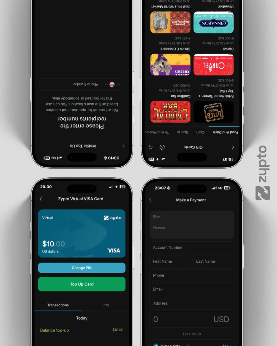 What do you use crypto for most often? 🤔
Zypto App lets you:
💳 Use crypto cards
🧾 Pay bills
📱 Top up phones
🎁 Buy gift cards
Everything you need for your crypto needs, in just one app.

Use crypto the same way you used cash.
#FreeYourMoney with Zypto