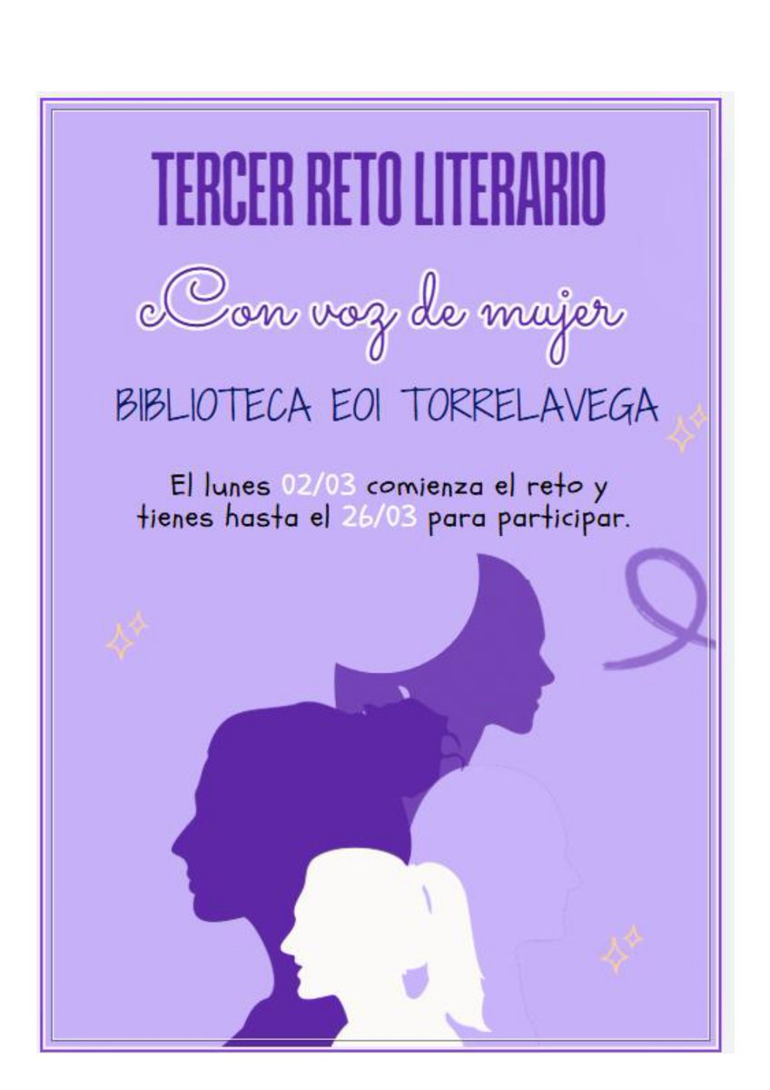 ¡RETO LITERARIO: CON VOZ DE MUJER!
Del 02/03 al 26/03.¡Pásate por la biblioteca y demuestra cuánto sabes de literatura femenina!
#retolit#somosEOI#eoitorrelavega#identidadeoi#mujeres#8Marzo