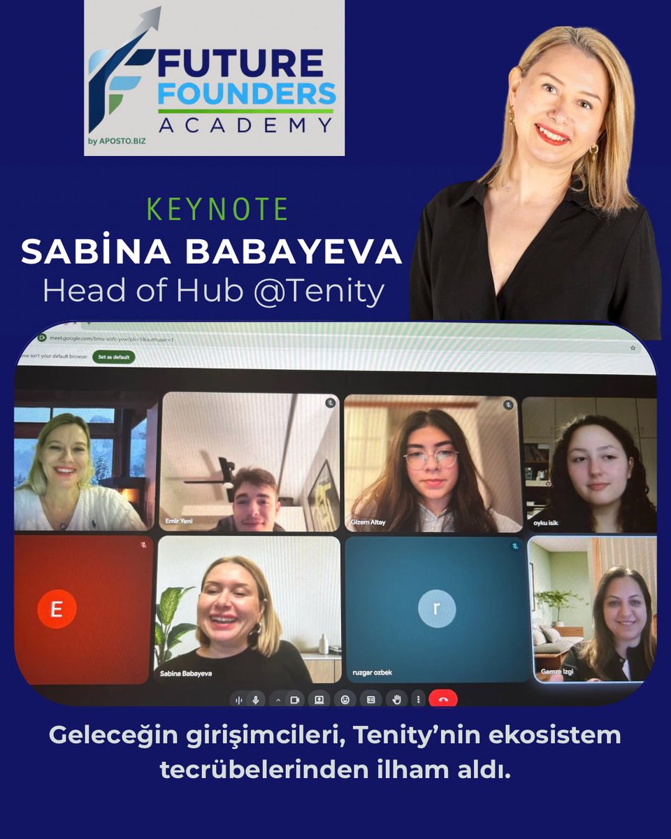 Aposto_biz's tweet photo. Future Founders Academy kapsamında gerçekleştirdiğimiz son oturumda, Tenity Hub Yöneticisi Sabina Babayeva ile bir araya gelmenin heyecanını yaşadık.

Sabina Babayeva’nın girişimcilik ekosistemine dair etkileyici sunumu girişimci adaylarımızın bakış açısını bambaşka bir noktaya taşıdı. Katılımı için yürekten teşekkür ederiz.

Girişimcilik yolculuğunda bir sonraki adımı bizimle atmak ve program detaylarını incelemek isteyen herkesi bekliyoruz:
👉 https://t.co/gtwuS5MRiu

#FutureFoundersAcademy #Tenity #Girişimcilik #Startup #GençLiderler #Mentorluk #ApostoBiz