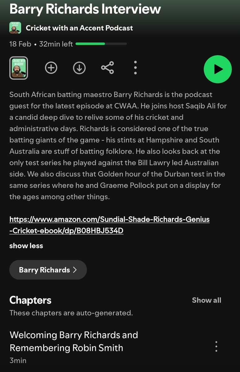 VAAChandran's tweet photo. Saqib @saqiba has interviewed Barry Richards on this Pod: his Hampshire days. £90 pay for 6 months. Kerry Packer. G Pollock. Natal. Tendulkar &amp; Lara. 300 runs in a day. Robin Smith &amp; Greenidge. His son's passing. Apartheid &amp; much more.

#CricketTwitter

https://t.co/7C7uDuwGno https://t.co/loWBvkpCIj