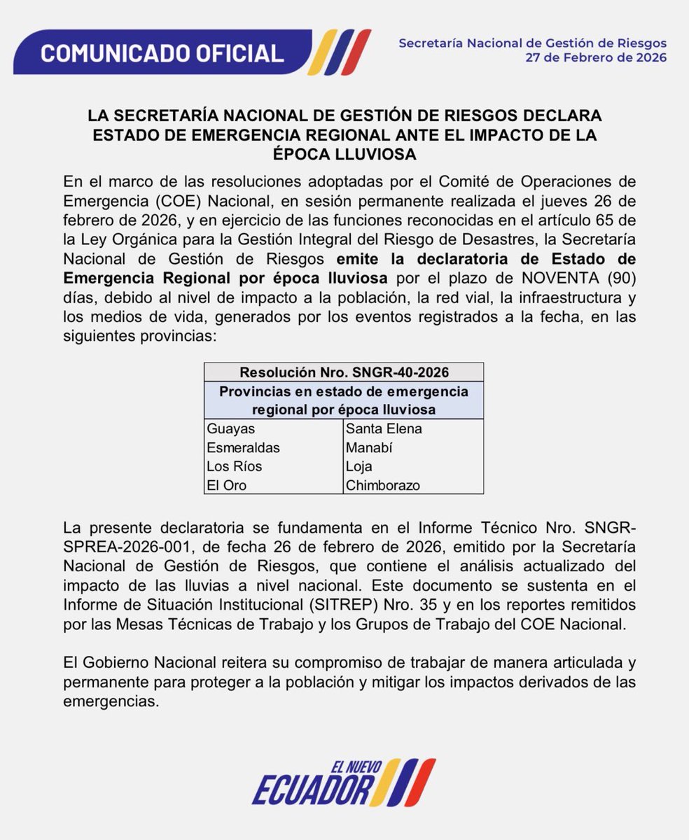 ecuainm_oficial's tweet photo. ‼️#URGENTE
La Secretaría Nacional de Gestión de Riesgos declaró el estado de emergencia regional por 90 días debido al impacto de la época lluviosa, tras la resolución del COE Nacional. La medida aplica en Guayas, Esmeraldas, Los Ríos, El Oro, Santa Elena, Manabí, Loja y Chimborazo, debido a las afectaciones a la población, la red vial, la infraestructura y los medios de vida ocasionados por las lluvias.