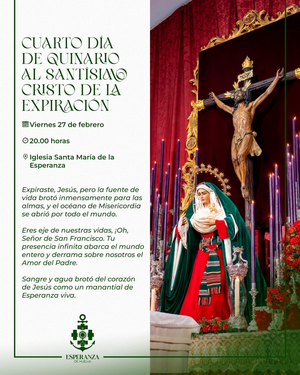 CULTOS | Cuarto día del Quinario al 𝓢𝓪𝓷𝓽𝓲́𝓼𝓲𝓶𝓸 𝓒𝓻𝓲𝓼𝓽𝓸 𝓭𝓮 𝓵𝓪 𝓔𝔁𝓹𝓲𝓻𝓪𝓬𝓲𝓸́𝓷.

✅ Del 24 al 28 de febrero.
⏰ Todos los días a las 20.00 horas; salvo mañana sábado, a las 19.00 h.

✅ Función Solemne, domingo, el 1 de marzo.
⏰ A las 11.00 horas.