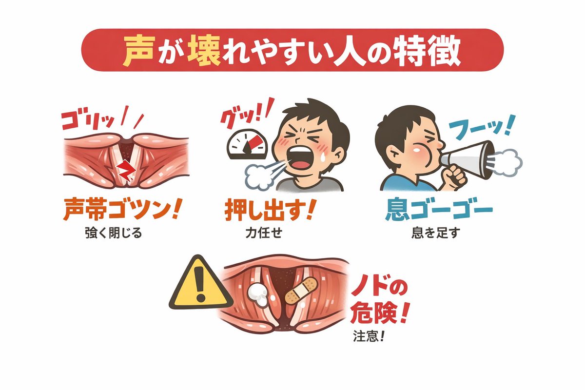 【超重要】💡声が壊れやすい人の共通点💡

真面目で、努力家で、「もっと声量を出そう」とする人。
ちょっと待ってください🫷

その“頑張り”が声帯を痛めている可能性があります。

☑️常に分厚い声帯の接触
☑️高い声門下圧
☑️息を足して解決しようとする