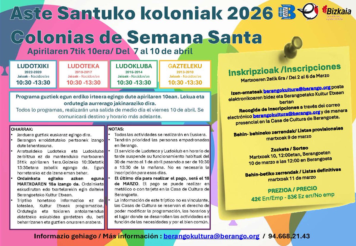 🚸🤸 Aste honetan zabalduko da Aste Santuko udalekuetan izena emateko epea. Epea gaurtik ostiralera arte egongo da zabalik.

📝 Inskripzio orria: is.gd/TOffkh

#berango #kultura #AsteSantua