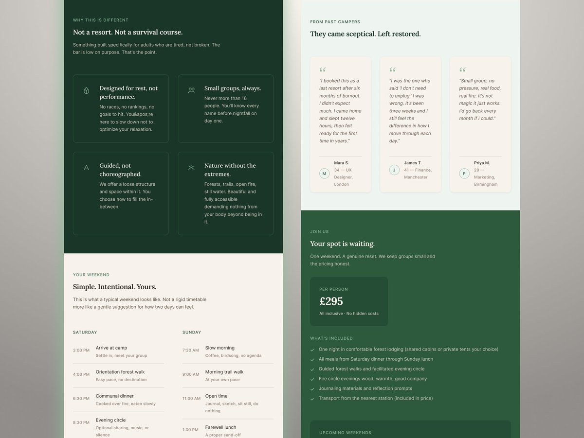 rashedy912's tweet photo. Day 18

Just finished designing this landing page for a weekend nature camp.

Forest tones. Soft hierarchy. Space to breathe. 🌿

#buildinpublic #webdesign #uidesign https://t.co/Rq6ZL5AAK5