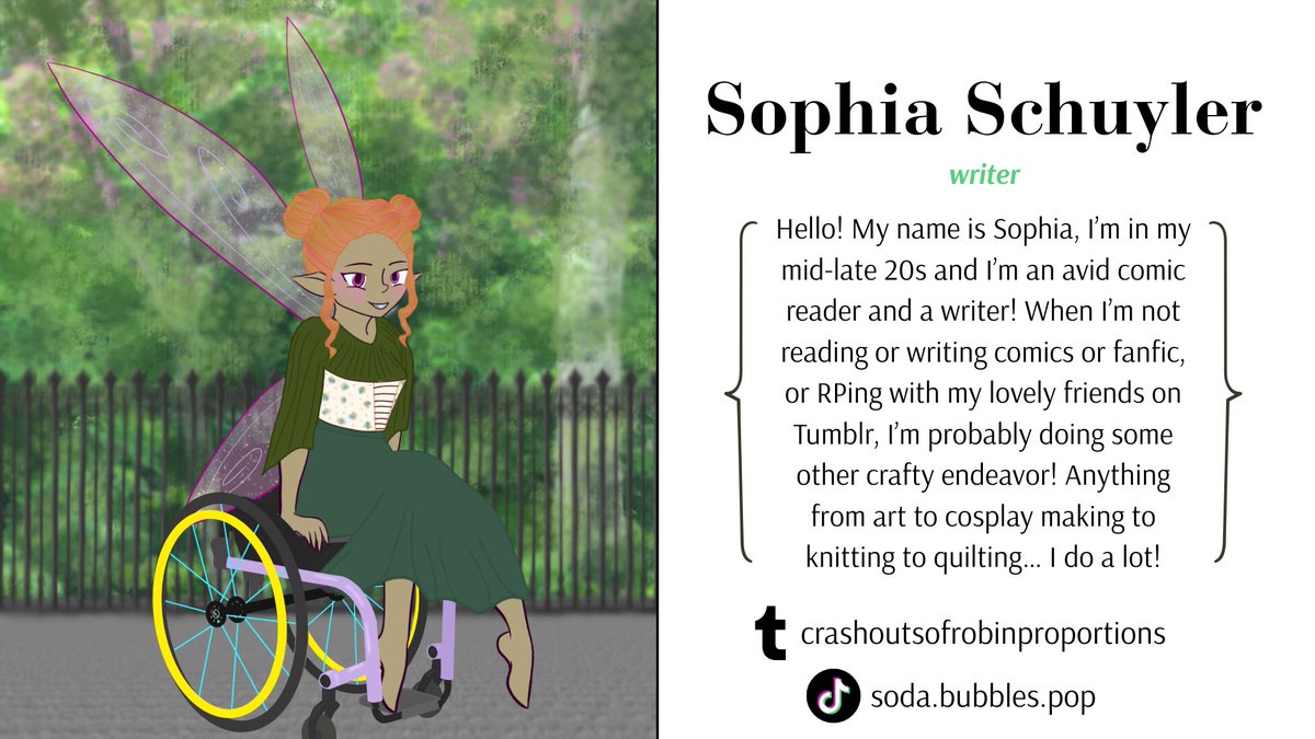 CONTRIBUTOR SPOTLIGHTS 💫
Introducing page artist Kiki (kcal.art on Instagram &amp; Tiktok and <a href="/kcalart/">Kiki</a> on Twitter) and writer Sophia Schuyler (crashoutsofrobinproportions on Tumblr and soda.bubbles.pop on Tiktok)!