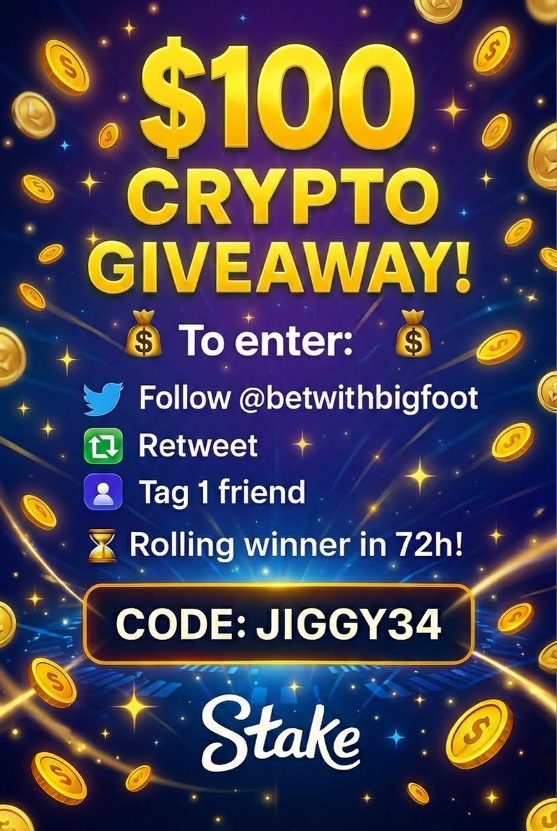 🚨 $100 CRYPTO GIVEAWAY 🚨
Dropping $100 in USDC to one lucky follower 🎯
Simple to enter.

To enter:

1️⃣ Follow
2️⃣ Retweet
3️⃣ Tag 1 friend who gambles too much 😂

⏳ Winner rolls in 72h
CODE: JIGGY34 on Stake 🎰

Let’s go boys 💸

#Giveaway #Crypto #Stake